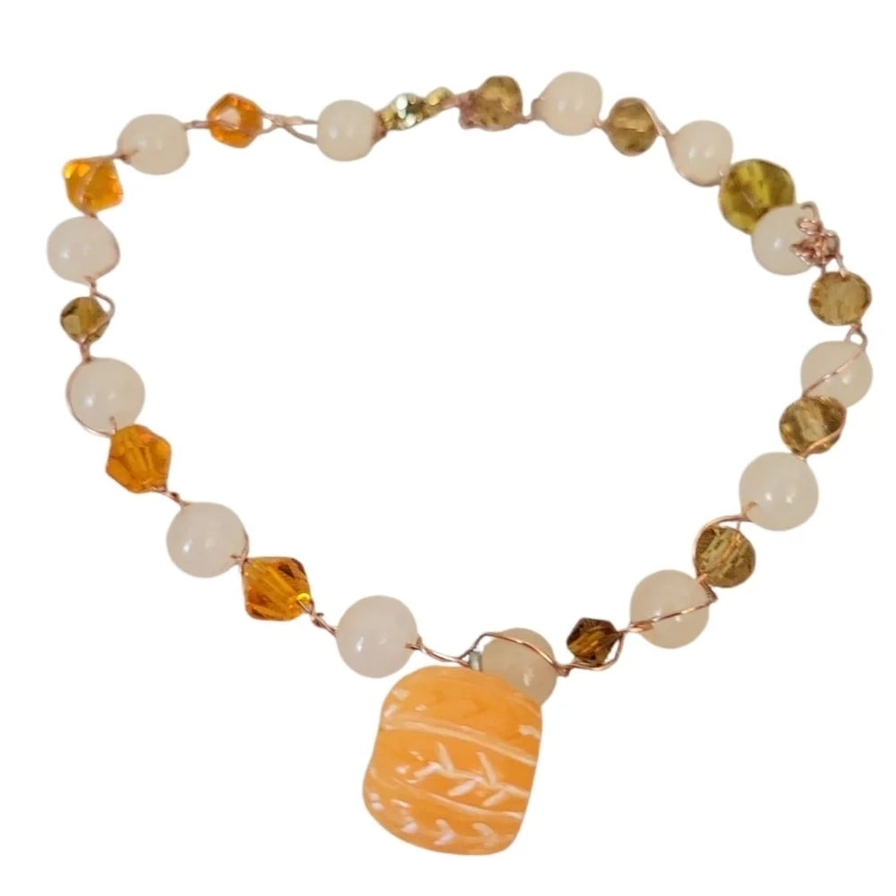 Orange Glass Bead Faceted Bicone Cube with Clear Bead & Copper Pumpkin Accent